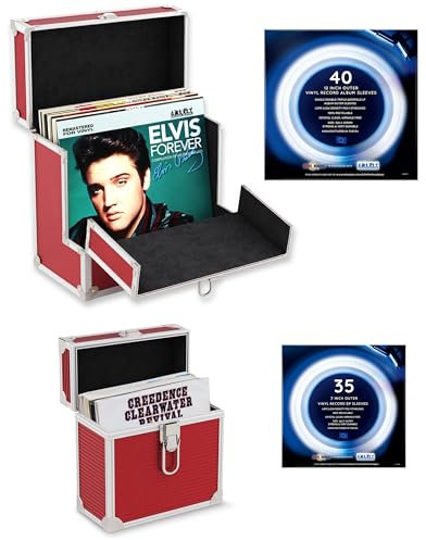 Retro musique Custodia in alluminio per dischi in vinile da 30,5 cm con patta frontale pieghevole per un migliore accesso ai tuoi LP, contiene fino a 40 LP (in custodia in PVC), include 40 custodie