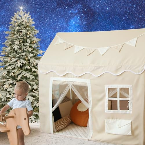 LIONHERZ® DAS ORIGINAL Spielhaus mit Briefkasten für Kinder | Indoor Spielzelt mit Matte & Wimpelkette | Kinderspielhaus mit 3 Fenstern & blickdichtem Türvorhang | Hauszelt Kinderzimmer (Cremeweiß)