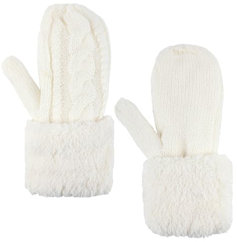 Tikplus Warm, Thick Wool Mittens Full Finger, Gloves Women with Fuzzy Cuffs, Winter Gloves Warmer Insulated Windproof, Fleece Knitted Thermal Mittens for Winter Outdoor Cycling (White)
