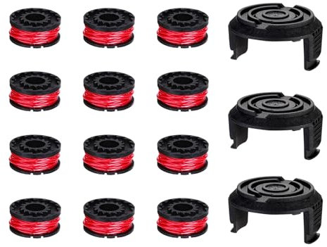 DEKOPRO String Trimmer Replacement Spool Line：12 Pcs 2mm Edger Replacement Spool Compatible, Includes 3 Pcs Spool Covers
