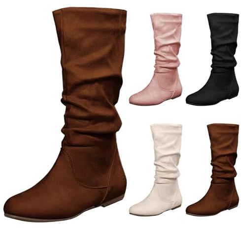Slouchy Mid Calf Flat Boot for Women UK 7 Clearance Suede Slip-On Casual Boot with Side Zipper Pull-on Flats Faux Leather Coffee