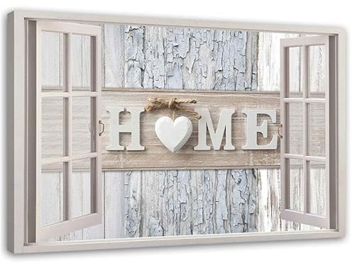 Feeby Leinwand Bilder - Fensterblick Home Schriftzug - Vlies 45x30 cm - Deko Wohnzimmer - Wandbilder Schlafzimmer - Deko Aesthetic - Wand Deko - Leinwand Groß - Deko Zimmer - Leinwandbilder XXL