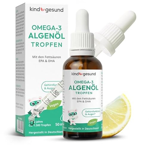 Omega 3 Kinder Tropfen – vegan & nachhaltig – 50 ml Algenöl (66 Tage) – kindgerecht dosiert: 205 mg DHA + 103 mg EPA pro Tagesdosis – mit Zitronengeschmack - ab 3 Jahren