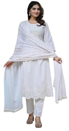 Indisk traditionell handbroderad chikankari bomull Kurta Kurti med Duppta tunika klänning, Benvit, 3XL