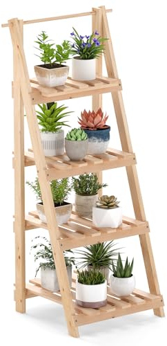 COSTWAY Étagère de Jardin en Bois de Sapin 4 Niveaux, Echelle à Fleurs de 109 CM de Hauteur, Support de Plante d'Intérieur Extérieur pour Salon Chambre Balcon, Naturel
