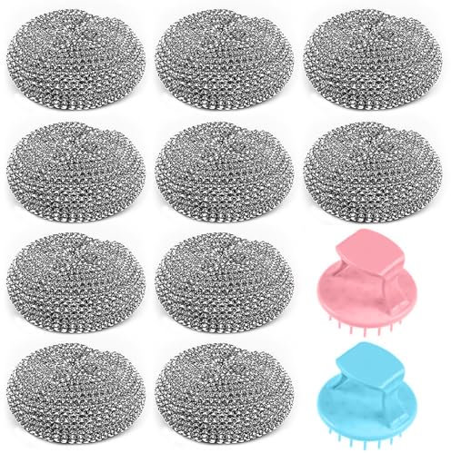 Rynvarl 10 Piezas esponjas metálicas de Acero Inoxidable con 2 Asas – Bolas de Alambre Reutilizables para Limpieza de ollas, sartenes, Cocina y encimeras