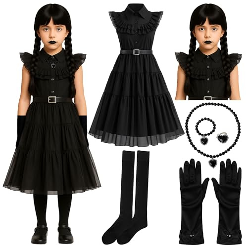Costume gotico da scolaretta per Halloween, da bambina, con abito gotico e cintura, parrucca nera intrecciata, guanti neri, calzini alti al ginocchio e gioielli, costumi di Halloween per ragazze (7-9