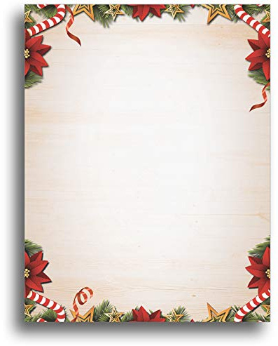 Candy Canes Poinsettias & Pine Christmas Printable Letterhead Stationery Paper - 50 Sheets 8.5 x 11 Decorative Writing Paper - Festive Xmas Letter Paper - 28lb Bond(105gsm) for Holiday Cards Letters
