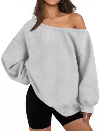 BONITEE Women Casual Long Sleeve Sweatshirts 2026 Fall Off Shoulder Pullover Sexy One Shoulder Tops Cute Loose Hoodies Flower-Grey,S
