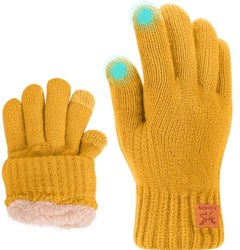 Fjquamitix Kinder Winterhandschuhe Weiche Warme Strickhandschuhe Thermohandschuhe Fleecefutter Touchscreen Kleinkind Handschuhe für Jungen Mädchen im Alter von 5 bis 12 Jahren (Gelb)