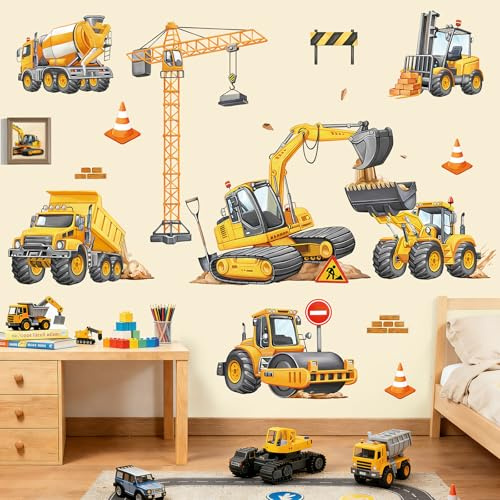 decalmile Byggfordon grävmaskin väggdekaler ingenjörsbil traktor kran väggklistermärken pojkrum barn sovrum lekrum heminredning