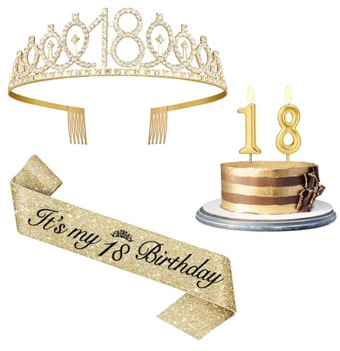 Zimocepuz Décorations de 18ème Anniversaire pour Filles, Écharpe pour 18ème Anniversaire, Couronne du 18ème Anniversaire, Cadeaux d'Anniversaire Dorés pour Filles