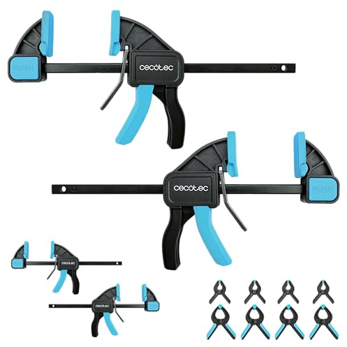 Cecotec Sargentos de Barra 12 Piezas StrongComfort 740 Instant Evolution. Liberación Rápida, Hasta 70kg de Fuerza, Cabezal Easy-Click Bidireccional, Acero Endurecido, 8 Pinzas con Almohadillas