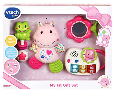 VTech My First Gift Set New Baby Gifts | Newborn Baby Toys Including Hippo Animal Plush, Baby Teether, | 0, 6, 12 Months + for Boys & Girls, Pink, English Version,Box size: 40 x 30.5 x 7.8cm
