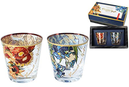 Carmani - Lovely Round Shot Glass Set of 2 Decorated with 'Sunflowers' and Irises' by Vincent Van Gogh
