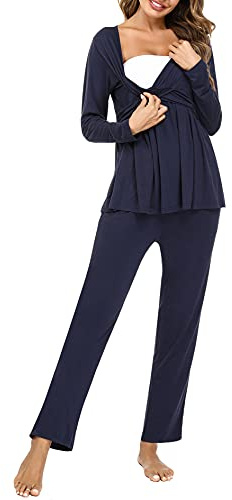 Litherday Ensemble de Pyjama Maternité en Coton Pyjama de maternité à Manche Longue Vêtement de Nuit Hiver Chaud Couleur Unie,A Bleu Marine,XL