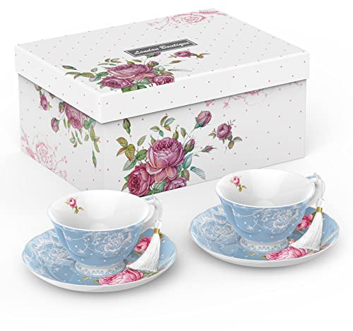 London Boutique Set di 2 Tazze da tè e piattino per tè pomeridiano, Confezione Regalo Vintage Flora, 200 m (Blu)