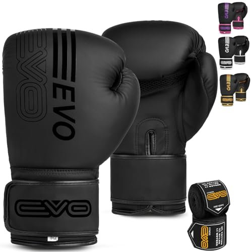 EVO Fitness Boxhandschuhe Männer Damen MMA Muay Thai Kampfsport Kickboxen Sparring Training Kämpfen Boxing Gloves Martial Arts Boxen Handschuhe Boxsack Rosa Handbandagen (Schwarz, 12 OZ)