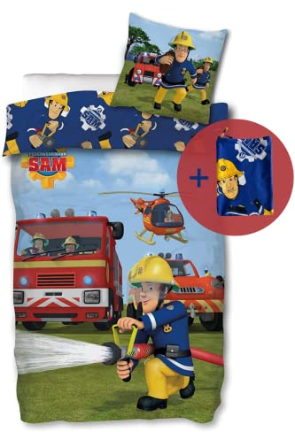 SkyBrands Feuerwehrmann Sam Bettwäsche 135x200 80x80 Kissen-Bezug [mit extra Beutel] Baumwolle Bettwäsche Feuerwehr Kinder Bettwäsche Sam Bettbezug + Kissenbezug