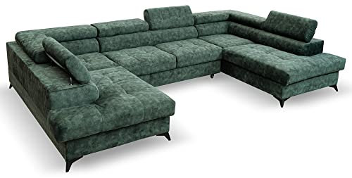 Margaret Hadas24 Ecksofa U Form Palermo, Schlaffunktion, Bettkasten, 345x202 cm, Verstellbare Kopfstützen Sofa XXL, 5 Sitzer Schlafsofa Schlafcouch Big Sofa Bettsofa Wohnlanschaft Bettzeugablage grün