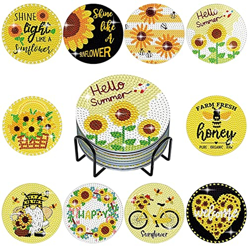AIFUDA 10 Stück Diamant-Malerei-Untersetzer-Set, Diamant-Malerei-Untersetzer mit Halter, Sonnenblumen-Design für Erwachsene und Kinder, Diamant-Bastelzubehör
