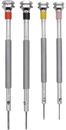 KD89 Horotec MSA01.003 – Sortiment mit 4 klassischen Uhrmacher-Schraubendrehern, Messing, verchromt, Ø 0,60, 0,80, 1,00, 1,20 mm, rot