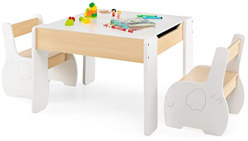 COSTWAY 3 in 1 Set Tavolo e Sedie per Bambini, Tavolo da Attività per Bambini con 2 Sedie, Lavagna Rimovibile e Deposito, per Giocare, Disegnare e Leggere, in Legno (bianco)