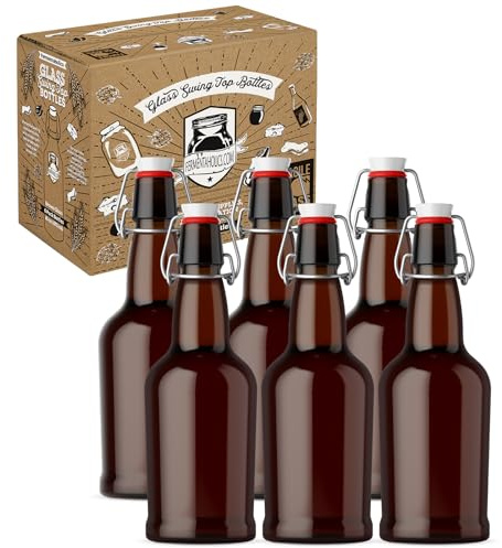 Fermentaholics 6 Pack Glass Swing Top Bottles | Flip Top Lids | Airtight, High-Pressure Tops For Bottling & Secondary Fermentation of Kombucha, Kefir, Beer, Storage, and More (Brown Bottles)