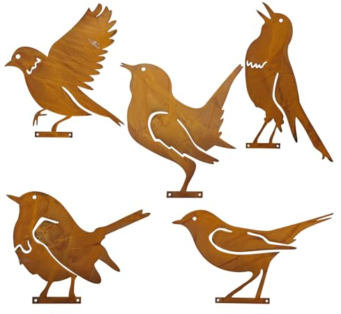 Dzmuero Gartenstecker, 5 Stück Gartendeko rost, Gartenstecker rost, Rostige Ornamente für Vögel im Freien, Gartendekorationen aus Eisen, Retro-Handwerkskunst, Tiersilhouette, für draußen, Garten