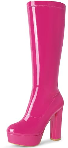 Allegra K Stivali alti al ginocchio da donna in pelle verniciata con plateau, Rosa acceso, 40 EU