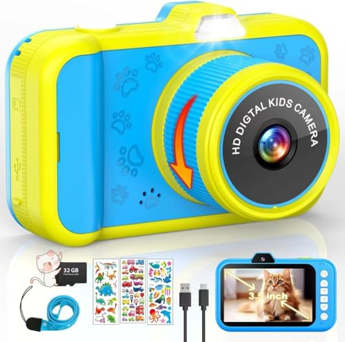 Uffylle Kids Camera, 1080P 48MP Front Selfie, 3.5 inch Big Screen Toddler Toy Camera, 10X Zoom in Christmas Birthday Gift Cameras for Kids Boys Girl Age 2 3 4 5 6 7 8 9 10 11 12, Blue