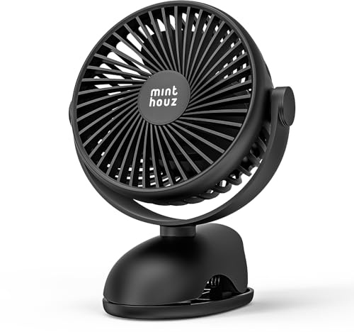 Minthouz Tischventilator mit Clip, 8000mAh Wiederaufladbarer USB Ventilator, 4 Geschwindigkeiten und 360° Drehung Mini Ventilator, Tragbarer Deckenventilator für Büro, Camping, Kinderwagen, Zuhause