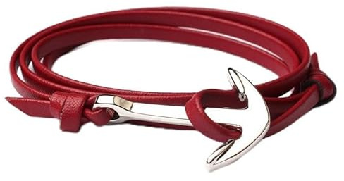 Silver Ankare Armband Röd Lädersnöre