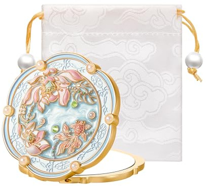 Imperblooms Lotus Bloom Compact Mirror, Small 2X Magnifying Makeup Mirror for Purse Pocket, Mini Portable Folding Blue Mirror, Chinese Style Gift for Women Girls