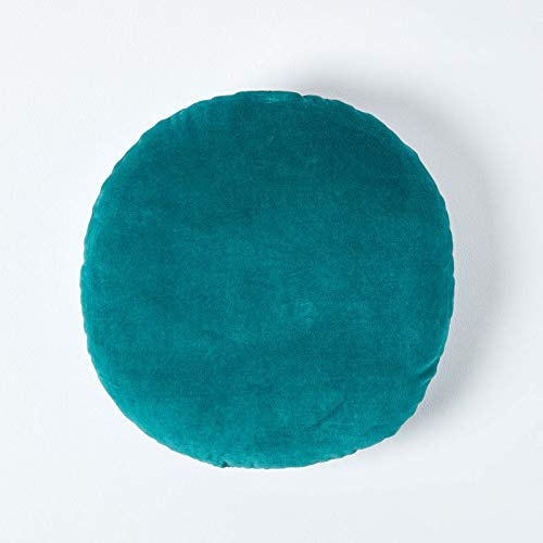 HOMESCAPES Coussin Rond 40 cm en Velours Pur Coton Doux uni Vert émeraude, décoration canapé ou Fauteuil