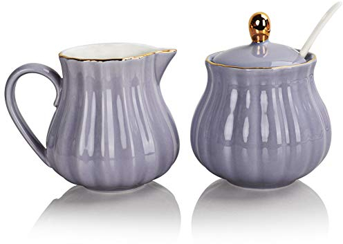 Sweejar Home Royal Ceramic Sugar and Creamer Set - 3 Piece with Cream Pitcher, Bowl, Lid & Spoon - Coffee Serving Set Wedding Gift (Purple)
