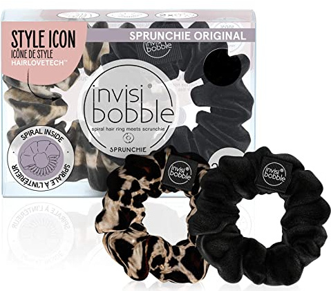 invisibobble Sprunchie Spiral Hair Ring - True Black and Purrfection- 2 Pack- Scrunchie Stylish Bracelet, Strong Elastic Grip Coil Accessories for Women - Gentle for Girls Teens and Thick Hair