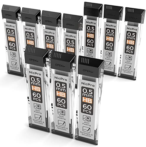 Nicpro 600 PCS Lead Refills 0.5mm HB #2 Break Resistant Mechanical Pencil Refills 0.5 mm, 60 Pack Per Tube, 10 Tubes