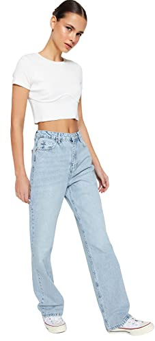 Trendyol Pantaloni Jeans da Donna a Vita Alta, Gamba Dritta, vestibilità Regolare, Blu, 64