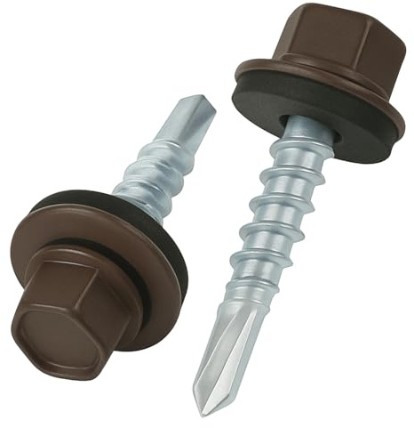 4.8 mm x 25 mm Takskruvar, Sexkantshuvud Självborrande Flerfärgad (RAL 8019 Grey Brown) Skruvar med EPDM-förseglad Bricka, Rostsäker Zinkpläterad Härdad Grov Gänga Skruv (50 stycken)