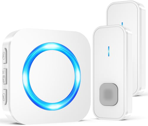 SURFOU Wireless Doorbell 1300FT Range for Home/House/Office/Business/Classroom, 55 Melodies Waterproof Door Chime Kit with 5 Volume Levels & LED Flash, 2 Push Buttons & 1 Plug-in Receiver, White
