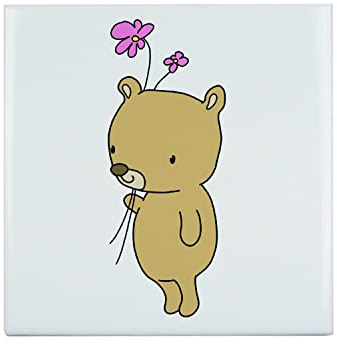 Carreau Céramique Décoratif 15,2 x 15,2 cm - Ourson Fleurs Bouquet Peinture Enfant Dessin Mignon