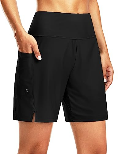 G Gradual Women's 7 Long Swim Board Shorts High Waisted Quick Dry Beach Swimming Shorts for Women with Liner Pockets(Black,XXL)