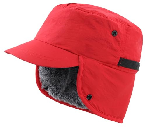 Decentron Cappello invernale da uomo con visiera, cappello da cadetto con paraorecchie, in finta pelliccia, impermeabile, per attività all'aperto, Rosso, Taglia unica