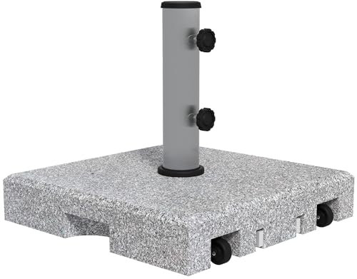 Outsunny Pied de Parasol - Base de lestage en Granit carré pour mât Ø32 Ø38 Ø48 mm 28kg Socle avec 2 roulettes, poignée rétractable - dim. 41L x 41l x 37,5H cm