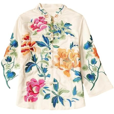 Sparctwer Chaqueta de estilo chino para mujer - Blusa bordada Estilo étnico Blusa china con bordado retro Chaqueta de mujer Abrigo de hombro recto Ropa oriental,cremoso,blanco,XXL