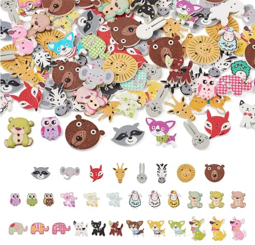 Crafans Lot de 130 boutons en bois à 2 trous en bois avec pompons en forme de renard, ours, chouette, animal fantaisie imprimé bœuf pour travaux manuels, décoration, couture
