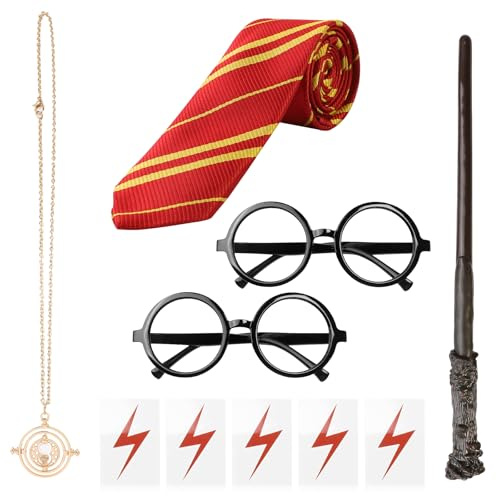 ZUYIST 6PCS Classic Wizard Costume Accessories, Wand Tie Glasses Necklace & Tattoos for Adults & Kids, Magic/Fantasy Theme Party Accessories