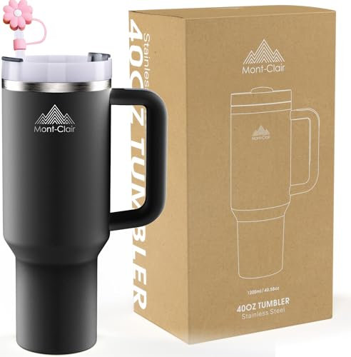 Mont-Clair Tumbler 40oz - Mug Isotherme avec Paille Couvercle Poignée - Gourde boissons chaudes et froides - Froid pendant 10 heures - Glacé pendant 48 heures - 1200ml - Noir