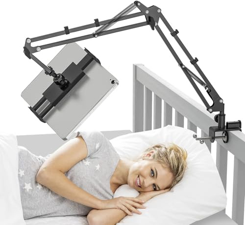 JUBORUI Porta Tablet da Letto, Supporto Tablet Letto con Braccio in Alluminio Stabile, Rotazione a 360° Supporto Tablet da Tavolo per iPad/Pro/Air/Mini, 4,7-12,9'' Tablets